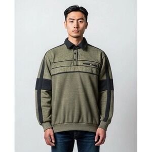 Vintage 90s Knit Rugby Shirt Mens Medium Olive Elbow Patch Sweater Polo USA